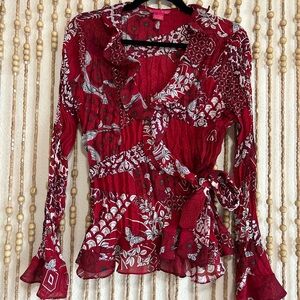 Sunny Leigh Floral Wrap Front V Neck Front Ruffle Collar Long Sleeve Wine Mom L